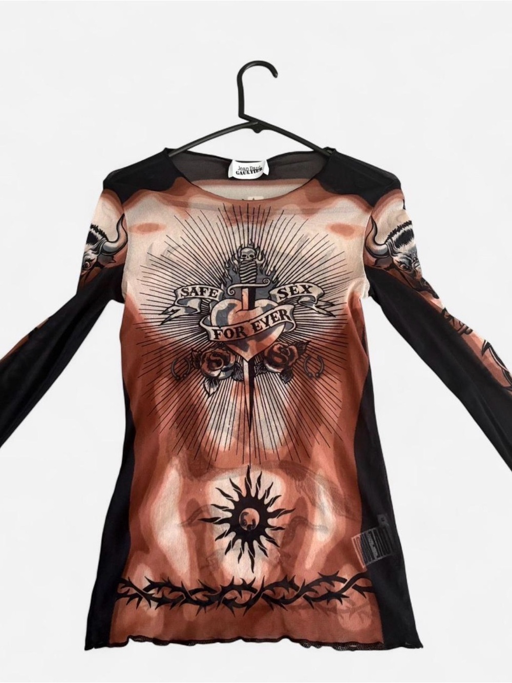 Jean Paul Gaultier Brown and Black Tattoo-Inspired Long Sleeve Mesh Top